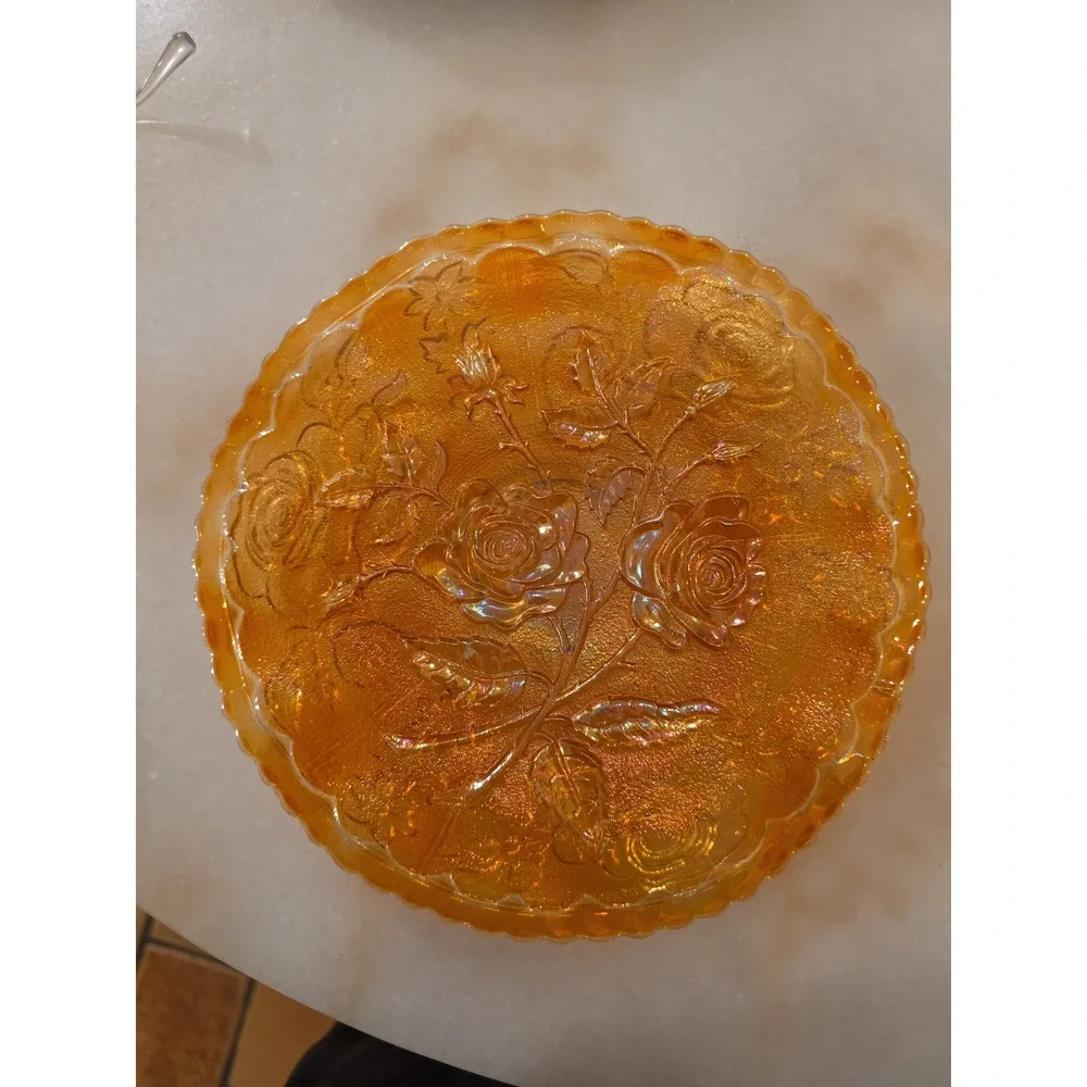 Vintage Carnival Glass Marigold Orange Iridescent Rose Plate and Ruffled Bowl